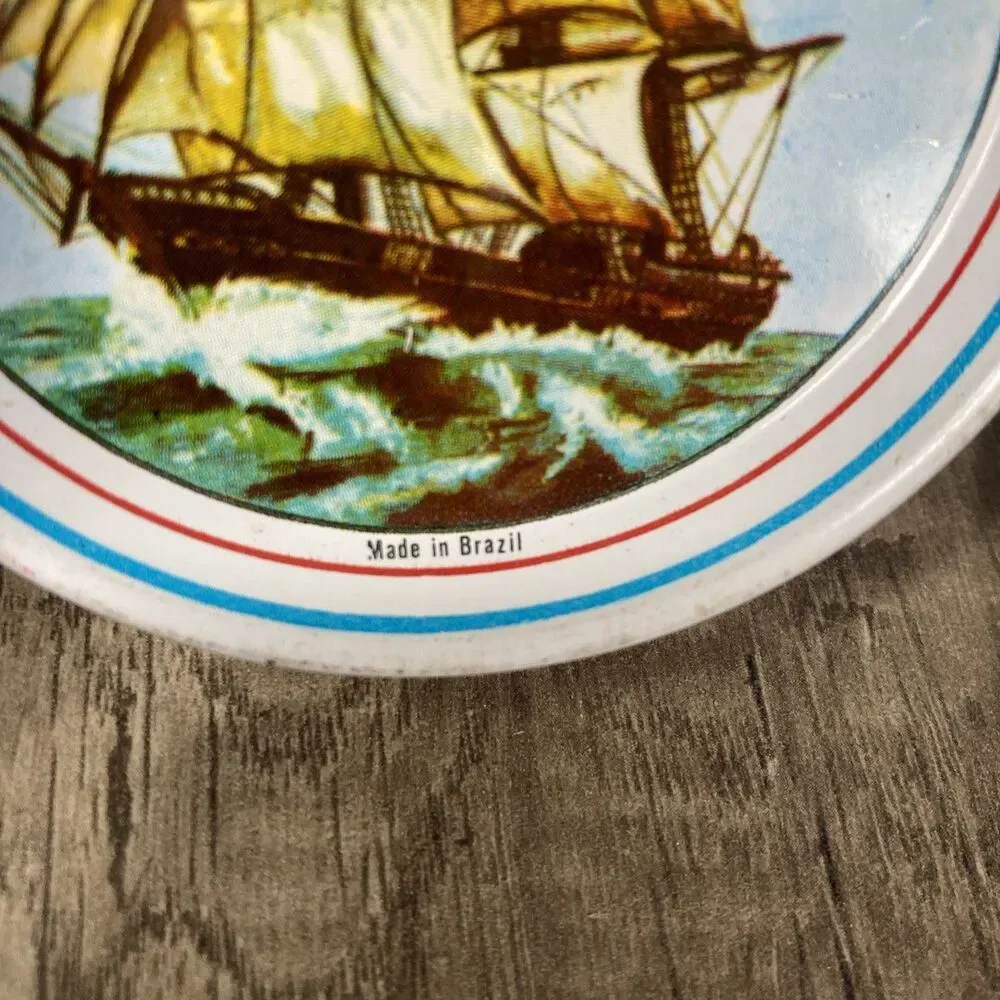 Vintage Tin Metal Coasters Ship Ocean Coastal Beach Nautical Set/9 Made Brazil